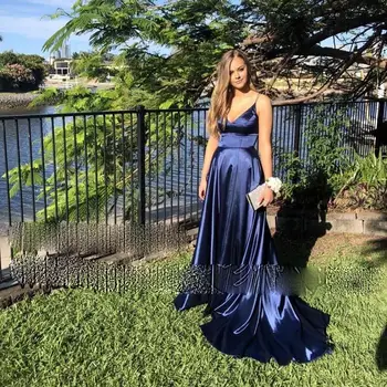 

V-neck Prom Dresses Long 2020 Backless Sleeveless Formal Navy Blue Evening Pageant Gowns For Women robe de soiree Custom Made