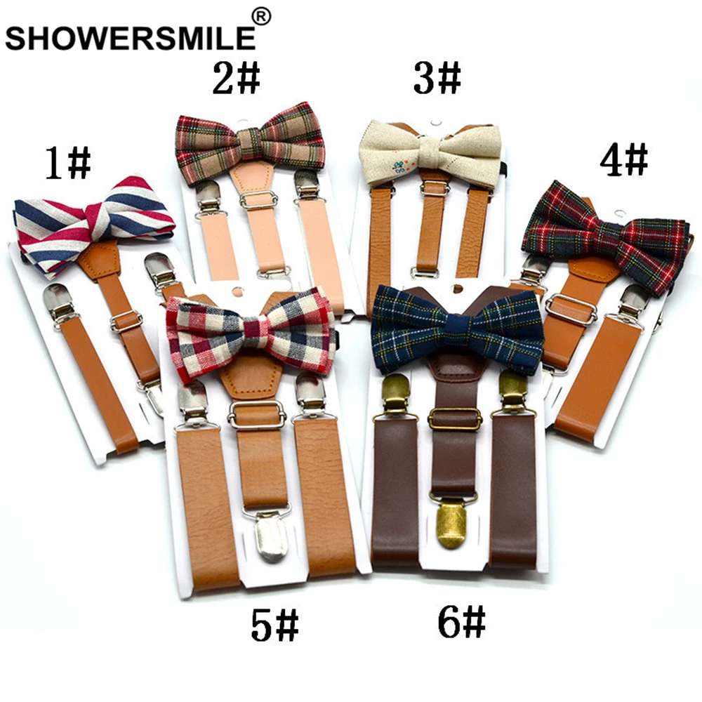 SHOWERSMILE Детские подтяжки с галстуком бабочкой кожаные в британском стиле для