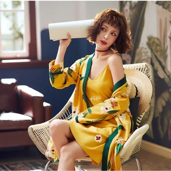 

Flower printed robe sets yellow women's long nightgown nature home costume sets women nightwear pajama set cotton Phoentin FG173