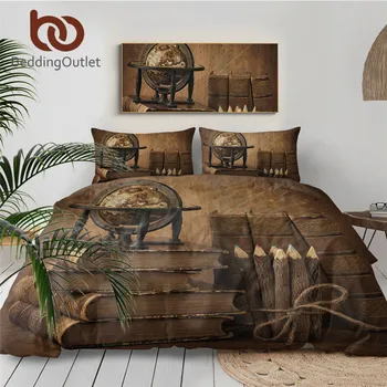 

BeddingOutlet 3d Printed Books Bedding Set Globe and Pens Duvet Cover Set Vintage Home Textiles Brown Bedclothes 3-Piece
