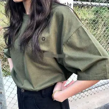 

Letter Embrodiered Casual Loose Armygreen Basic Simple College Wind 2020 Summer Hot Sale Short Sleeve Female Women Top T-shirts