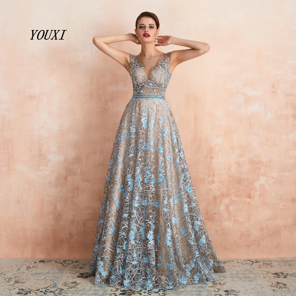 Robe de Soiree Великолепное вечернее платье YOUXI, кружевное, украшенное бисером, кристаллами, стразы, отвесное, на шее, официальное, abendkleider Lang
