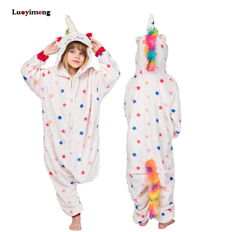 Kigurumi/Пижама с единорогом для детей; зимняя одежда для сна с единорогом для мальчиков и девочек; комбинезон с пандой; Детский костюм; Пижама с рисунком единорога для малышей - Цвет: white-star