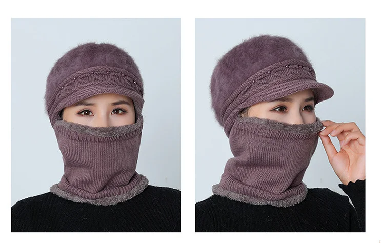 Женская шапка Skullies Beanies, зимняя шапка с жемчугом и кроличьим мехом, вязаная шапка, шарф, женские шапки для женщин, шерстяная шапочка, шапка, маска, шапка