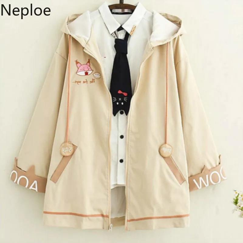 

Neploe Janeploe Japanese Harajuku Style Fox Embroidery Kawaii Trench Coat Hooded Letter Student Abrigo Mujer Autumn 46021