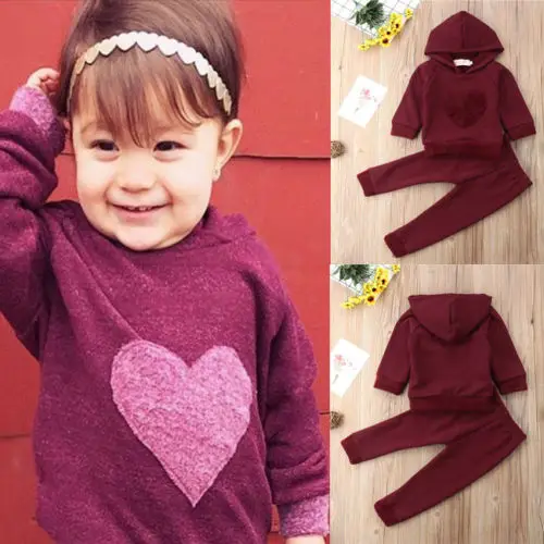 2Pcs Newborn Toddler Baby Boys Girl Red Heart Sunsuit Set Kids Girls Cotton Hooded Sweatshirt Tops Long Pants Outfit Set Clothes