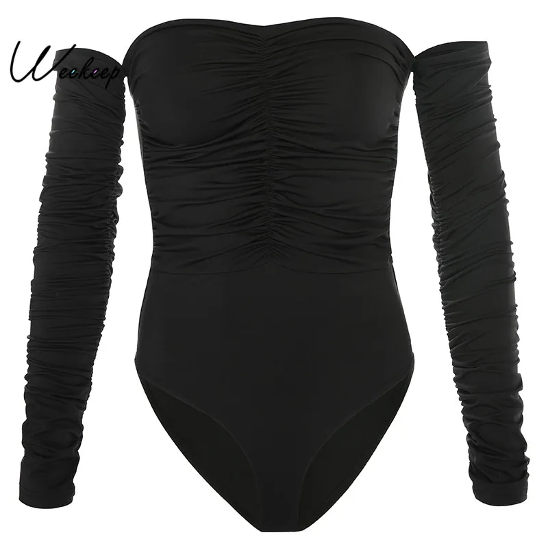 

Weekeep High Street Long Sleeve Bodysuits Women Black Spring Autumn Elegant Backless Romper Bodysuit Women