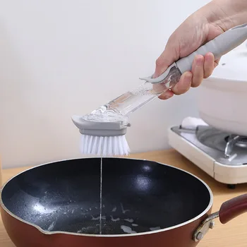 

1pcs Long Handle Automatic Liquid Dispenser Scrubber PP/Sponge/Nylon Dish Bowl Washing Sponge Gray Kitchen Cleaning Brush