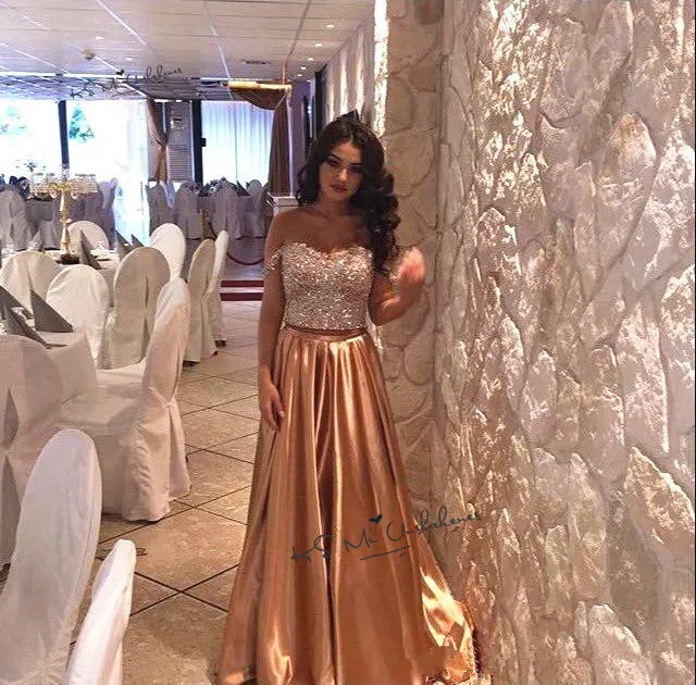 Сексуальные золотые Выпускные платья из двух частей Sparky Vestido de Festa, вечерние платья, вечерние платья с блестками и открытыми плечами