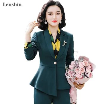 

2 Piece Set Women Pant Suits Office Lady Work Wear Formal Female Asymmetrical single Button Blazer with Flares Pant