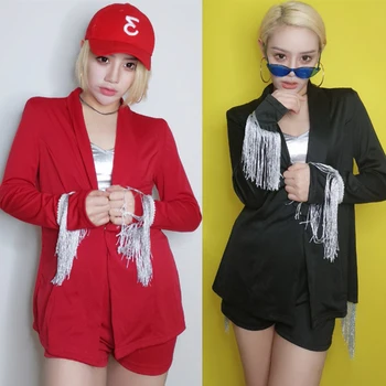 

Nightclub Gogo Dancer Hiphop/Jazz/Pole Dance Clothing Red/Black Tassel Suit Festival Party Performance Stage Rave Outfit DQL2885
