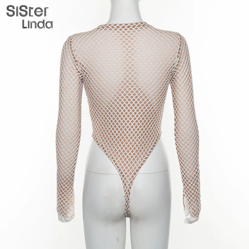 Sisterlinda Sheer Mesh Net Patchwork сексуальный бодикон, комбинезон для женщин Осень Зима Женское боди с длинным рукавом Mujer