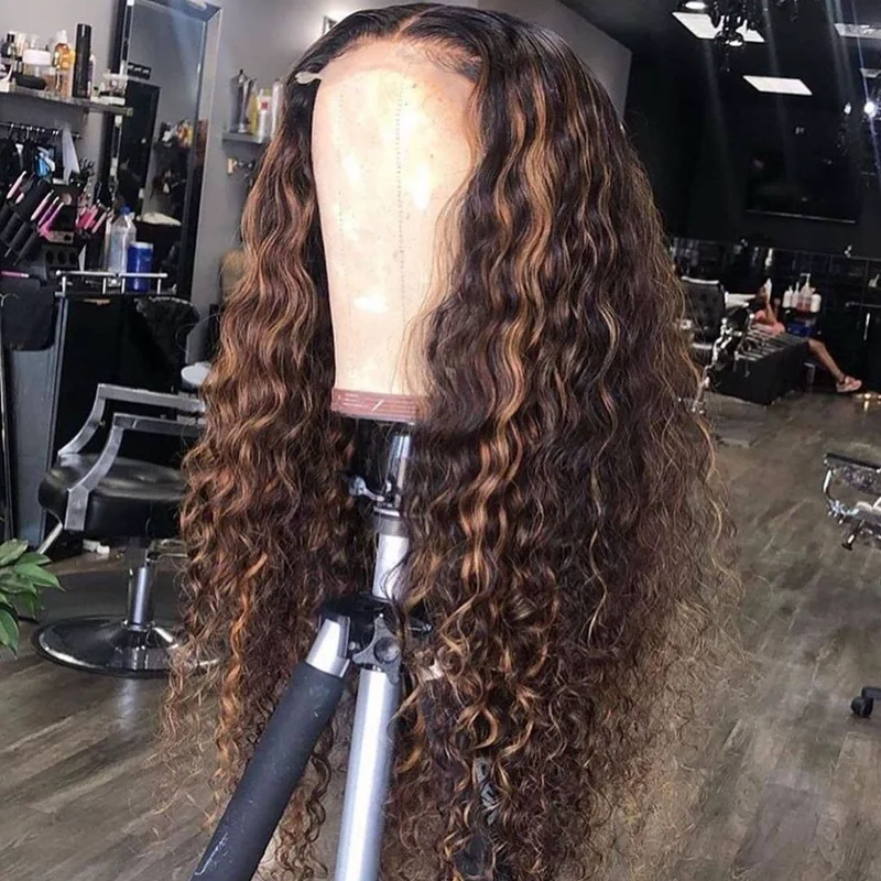 Highlight Lace Front Human Hair Wigs 13x6 180% Density Wig Brazilian Deep Curly Glueless Full Wet and Wavy Curly Human Hair Wig
