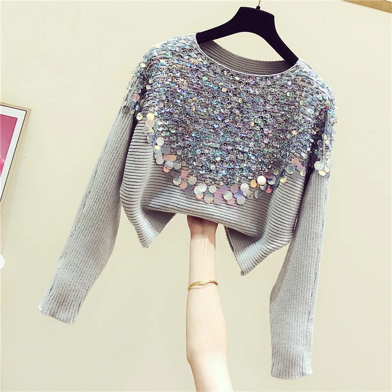 

2020 Autumn Korean Style Sweater Woman New Spring Autumn Sequined Batwing-Sleeve Loose-Fit Round-Neck Pullover Sweater Sweter