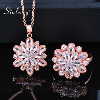 

SINLEERY Series Jewelry Zircon Ice Flower Necklace Earring Ring Set Rose Gold Color Women Wedding Accessories TZ019 SSH