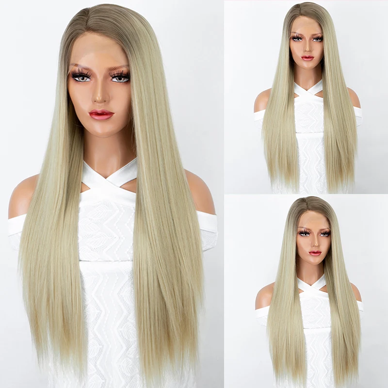 

Glissamer Ombre Blonde Green Lace Front Wig With Dark Roots Straight Long Synthetic Wigs Mint Green Wig For Women