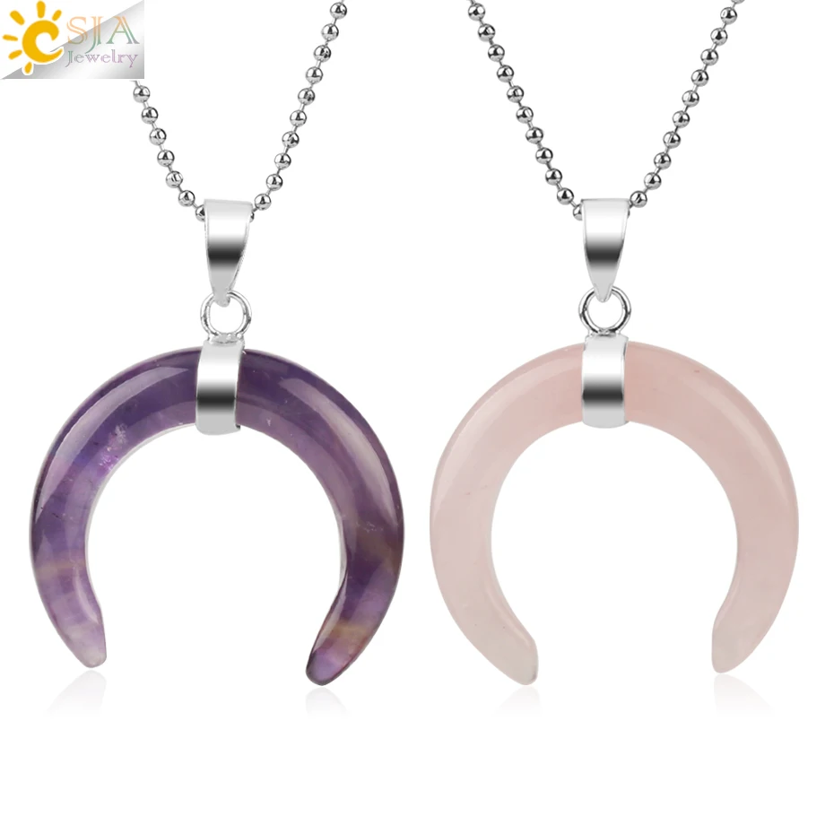 

CSJA Natural Crystal Stone Pendant Silver Color Necklaces Crescent Moon Double Horn Pendants for Female Men Healing Jewelry G159