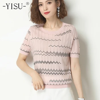 

YISU Ice silk Knitted T-shirt women 2020 Summer O neck Thin Breathable T Shirt Striped print pullover Fashion T-shirt women