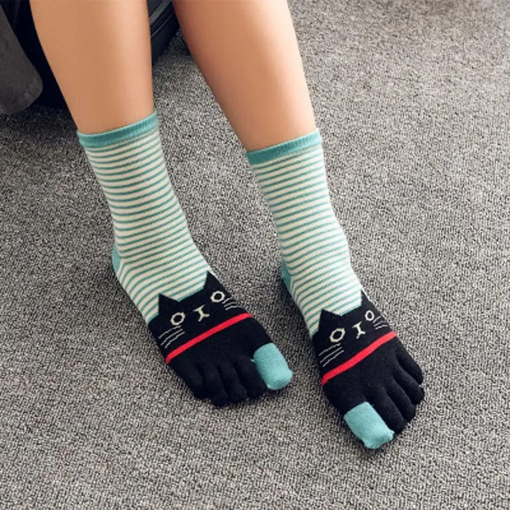 Зимние женские полосатые носки для девочек зимние мягкие разноцветные Носки с рисунком кота носок с пятью пальцами хлопковые модные рождественские носки