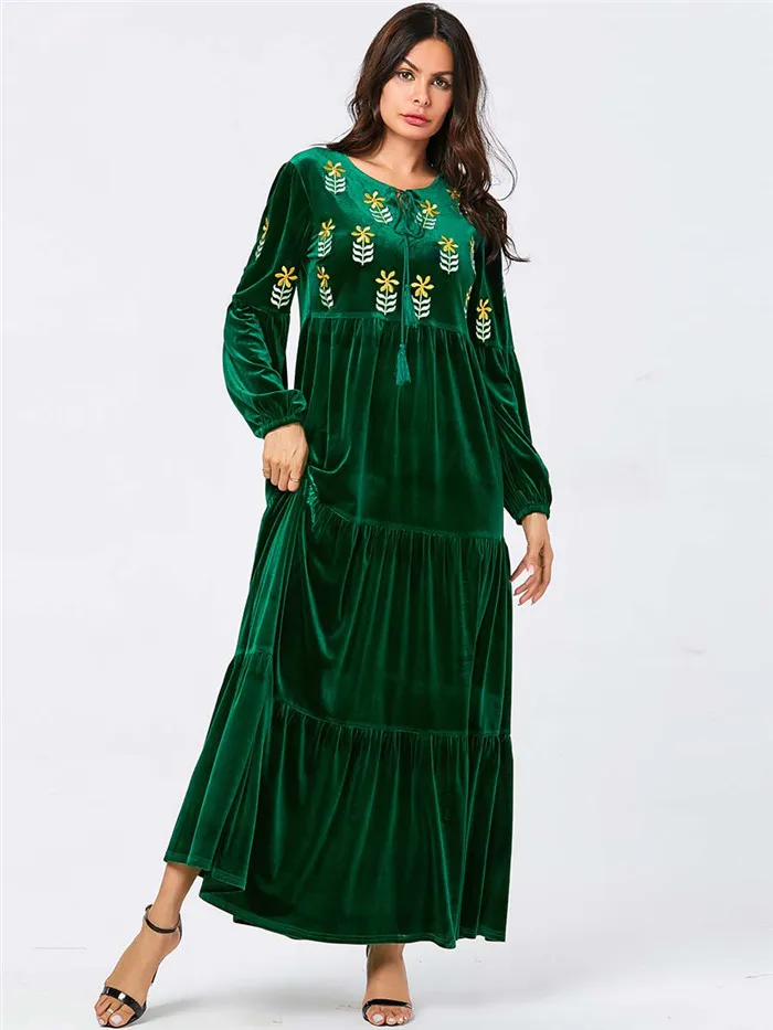 Мусульманское женское с длинным рукавом бархатное с вышивкой Дубай платье макси Абая jalabiya Исламская одежда для женщин халат кафтан марокканский