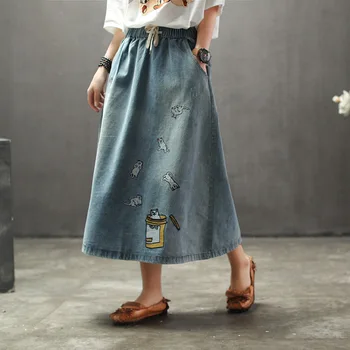 

2020 New Ethnic Vintage Washed Ripped Denim Skirt Woman Female Elastic Waist Cat Embroidered Loose Casual Jeans Skirt