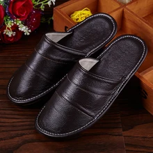 Большие размеры 39-44; весенне-осенние домашние тапочки из натуральной кожи; нескользящая Толстая однотонная домашняя обувь; мужские тапочки с вышивкой