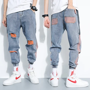 

jeans men's elastic hip hop pants men's loose casual feet tight waist trend spring Distressed Broken Hole Streetwear Denim Pants