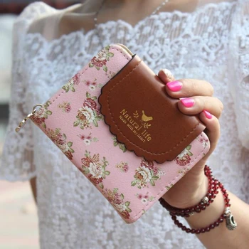 

Woman Short Wallet Idyllic Style Small Fresh Floral Wallet Leisure Fashion Buckle Zipper Ladies Purse Multifunction Card Package