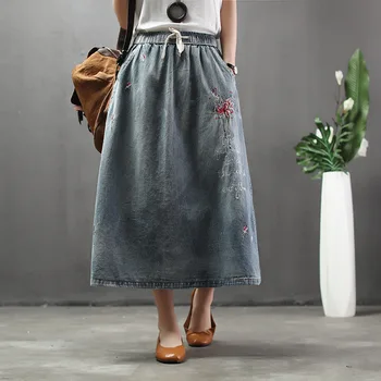 

New Retro National Denim Skirt Woman 2020 Spring Summer Female Elastic Waist Floral Letter Embroidered Loose A Line Skirt