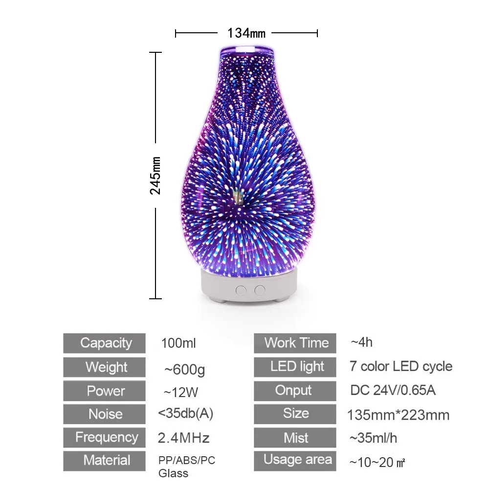 Cool fireworks 3D Glass Diffuser Ultrasound Aroma Diffuser Aromatherapy Ultrasound Humidifier 7 Color-chang LED for Home Hotel