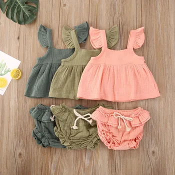 

2Pcs Newest Summer Baby Clothing Toddler Infant Kids Baby Girls Outfits Suit Solid Cotton Linen Fly Sleeve Tops+Shorts Clothes