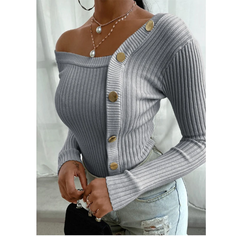 

Fashion Button Off Shoulder Knitted Sweater Women Jumper Autumn Winter Strapless Pullover Long Sleeve Knitwear Female Streetwear