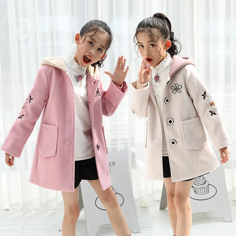 

Girls Woolen Overcoat 2019 Autumn And Winter New Style Hooded Thick Big Boy Mid-length Little Girl Woolen Jacket