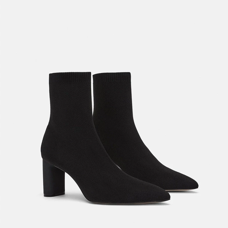 

Women's new black pointed boots, thick heels and ankle boots, knitted woolen socks, boots and stretch boots in autumn and winter