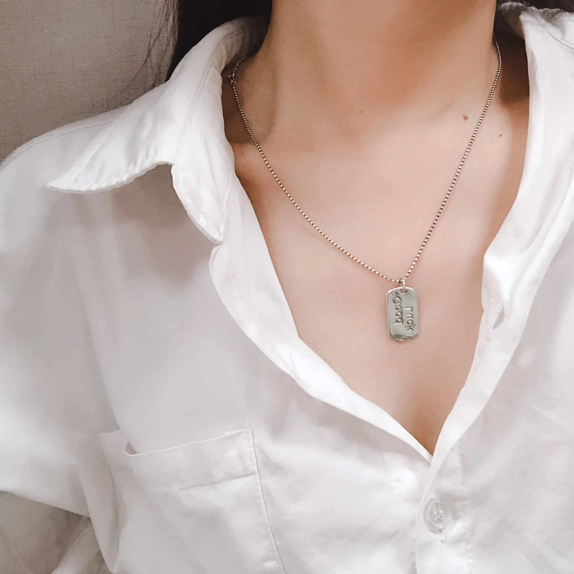 

S925 Fine Silver English Lettered Luck Necklace Long Sweater Chain Retro Antique Finish Necklace Women's 7581