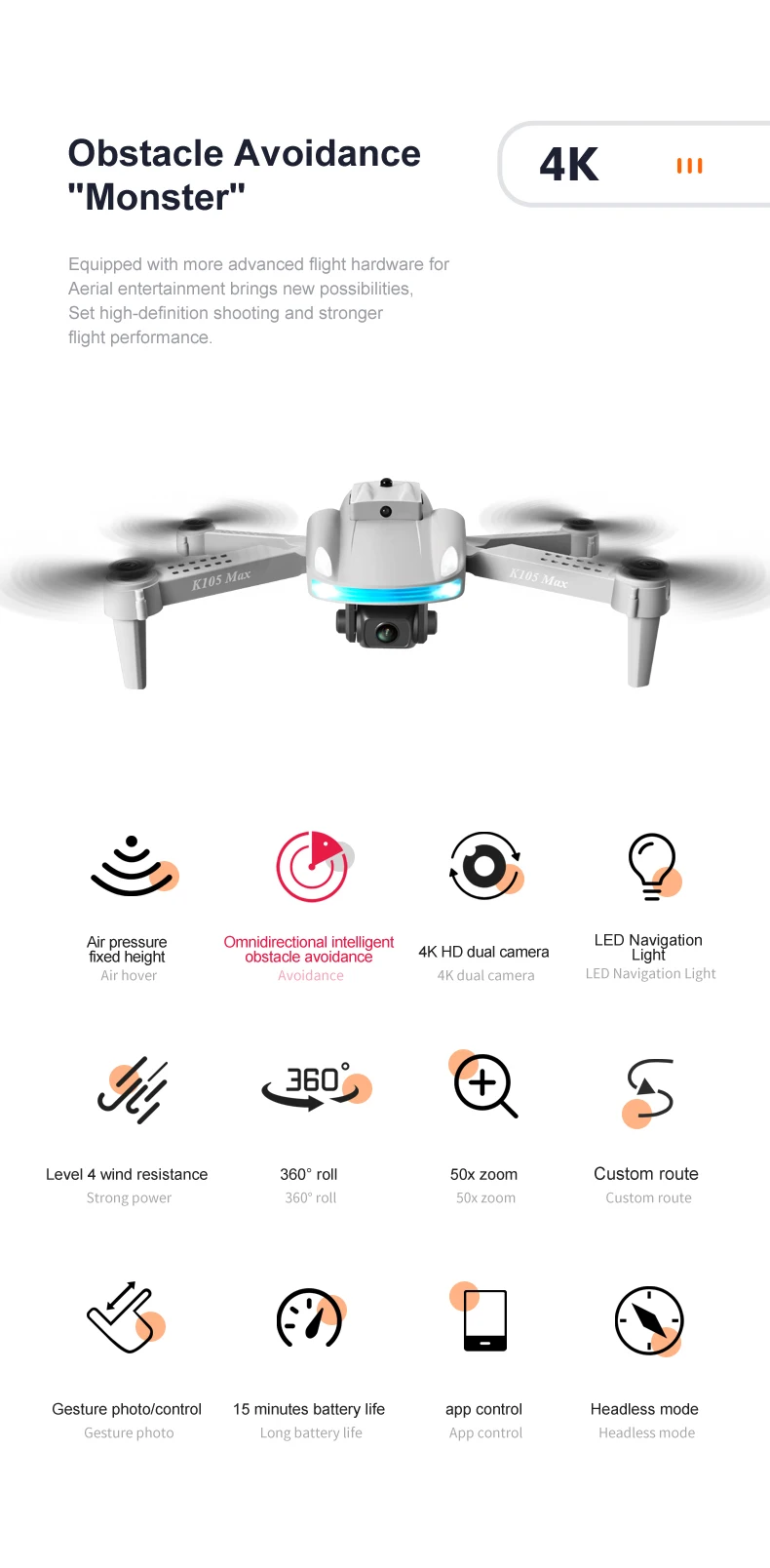 JINHENG 2022 New K105 Max Drone 4K HD Dual Camera With Obstacle Avoidance WiFi Fpv Foldable Quadcopter Toys For Children Hobbie quadcopter drone remote