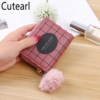 

Simple Women Short Wallet Lattice Pattern Versatile Clutch Bag Letters Small Ladies Zipper PU Card Holder Furry Ball Coin Purse