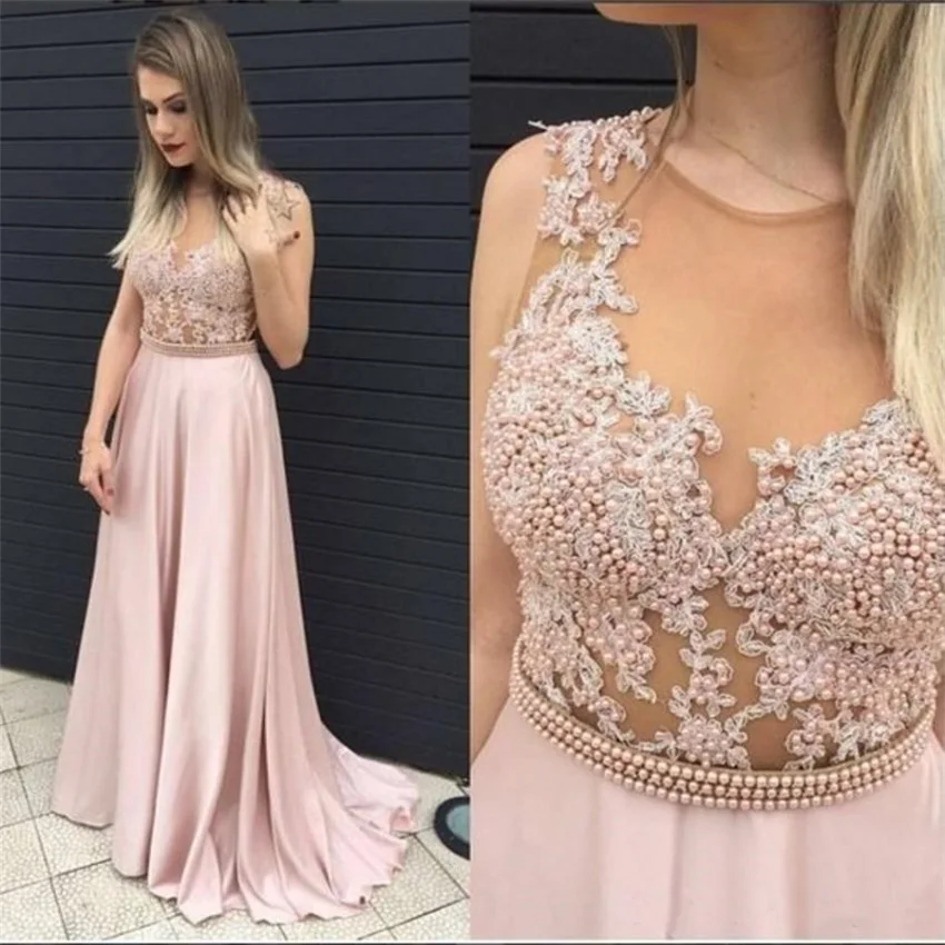 

Robe de soiree 2020 Custom Made Pink Chiffon Lace Evening Dress Abiye gece elbisesi Long Pearls Belt Prom Dresses Abendkleider