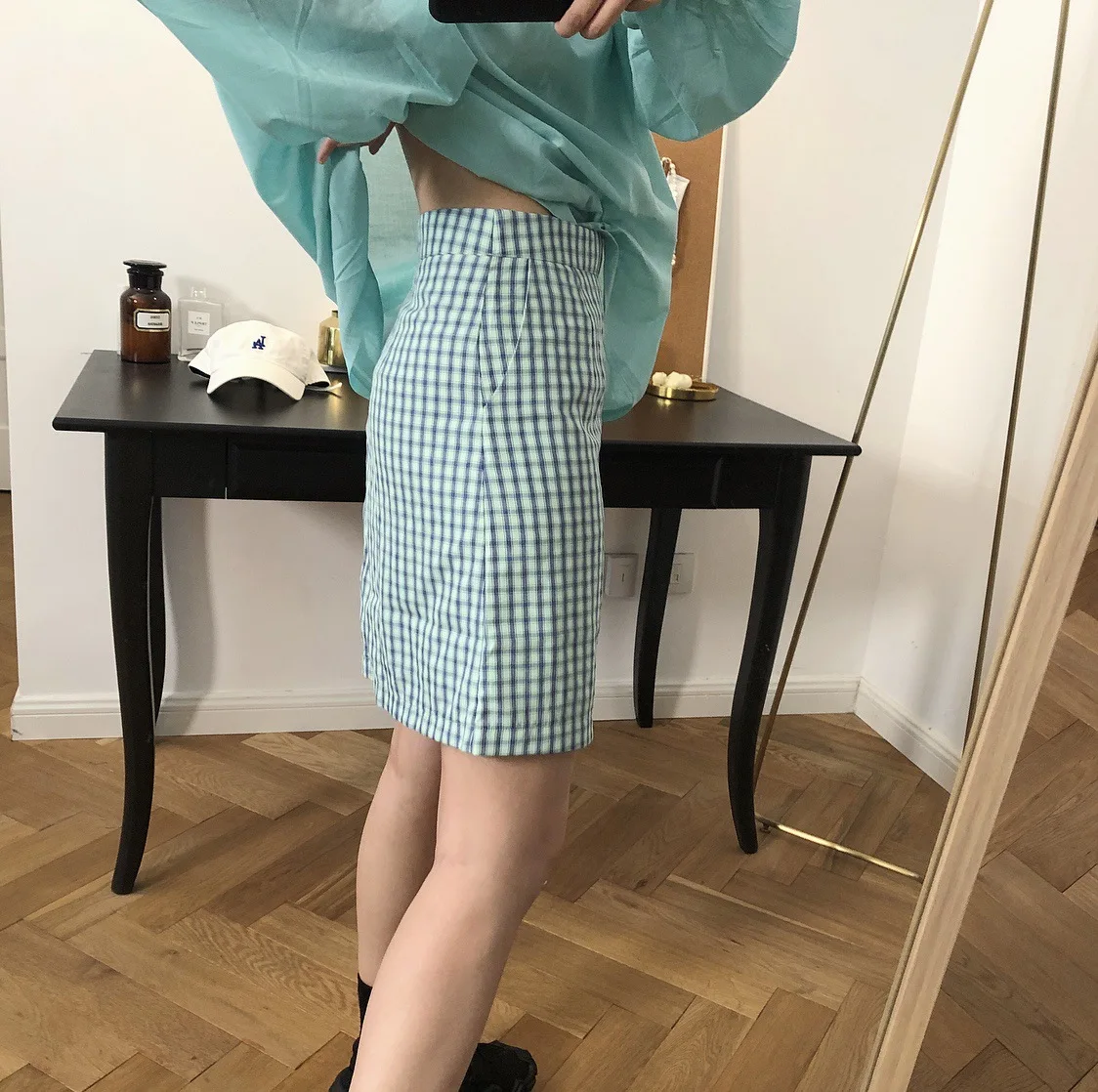 Лето новая Корейская версия свежей клетчатая Высокая талия юбка