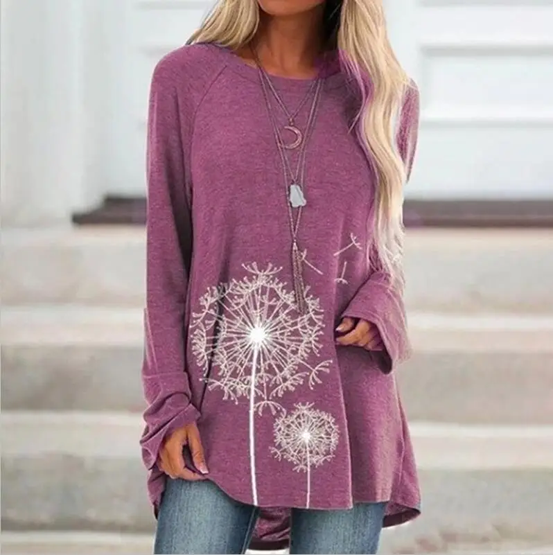 pink dandelion Женская туника, топы размера плюс 5XL, осенне-зимняя повседневная футболка с круглым вырезом и принтом, топы с длинным рукавом и принтом, blusas mujer de moda - Цвет: pink dandelion