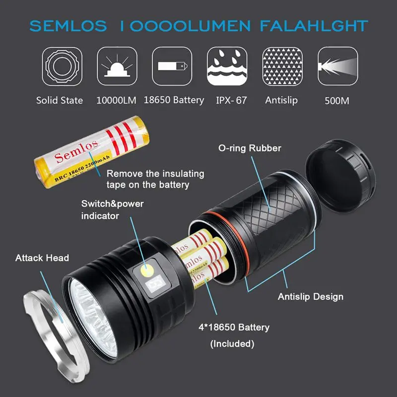 Светодиодный фонарик 10000 люмен, таким образом, 12xcree XM-L T6 светодиодный 4 режима супер яркий тактический фонарь, Водонепроницаемый ручной фонарь с Мощность D