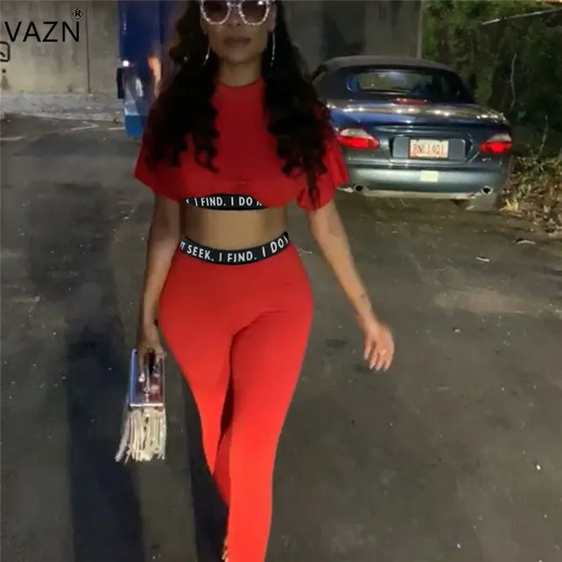 

VAZN PN6219 5colors Colorful Skinny Print Short Sleeve+Long Pants 2019 Summer Women Casual 2Piece Two Fashion Crop Top Women Set