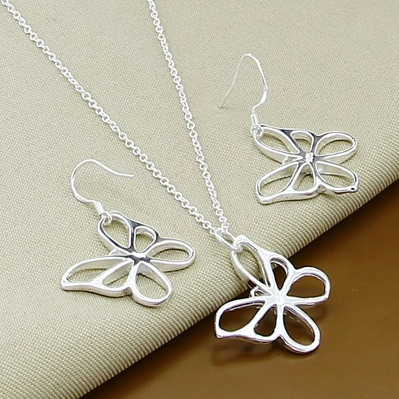 New Style 925 Sterling Silver 18-Inch Butterfly Chain Necklace Earrings Set For Women'S Wedding Engagement Party Charm Jewelry