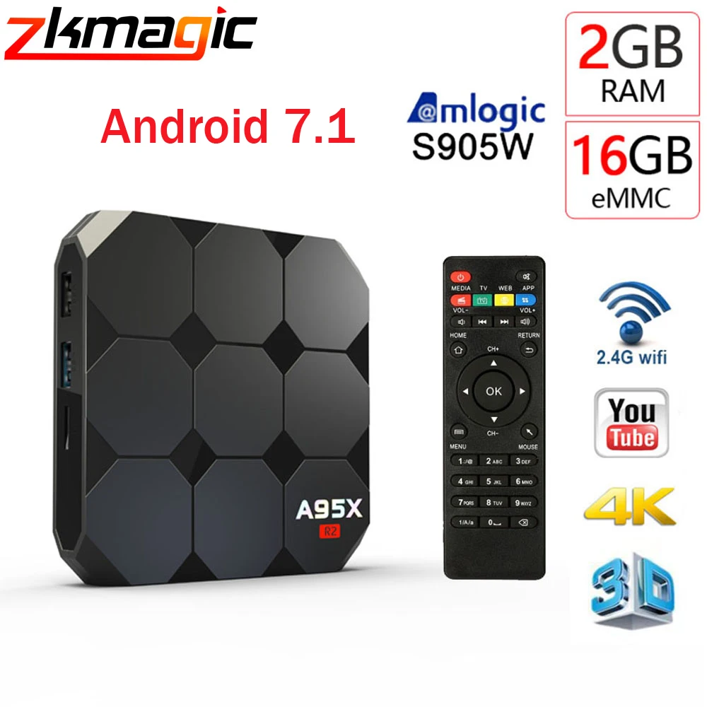 ТВ коробка Android 7 1 A95X R2 Amlogic S905W 4 ядра 2 Гб DDR3 16 Встроенная память Декодер каналов