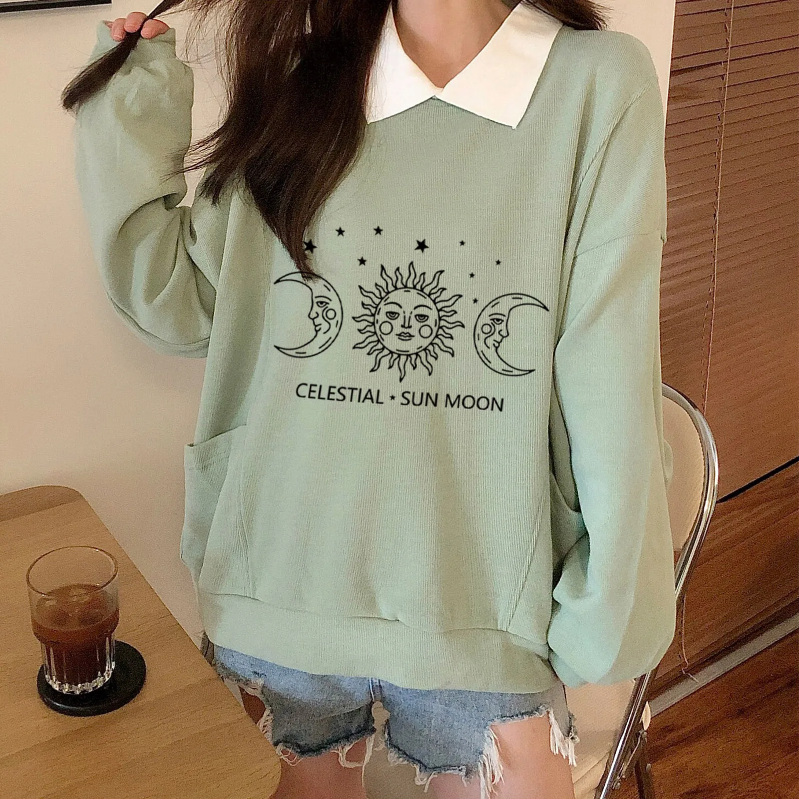 

Sun and Moon Star Sweatshirt Turn-down Collar Gothic Women's Long Sleeve Vintage Casual Loose Pocket Pullover Female Clothes