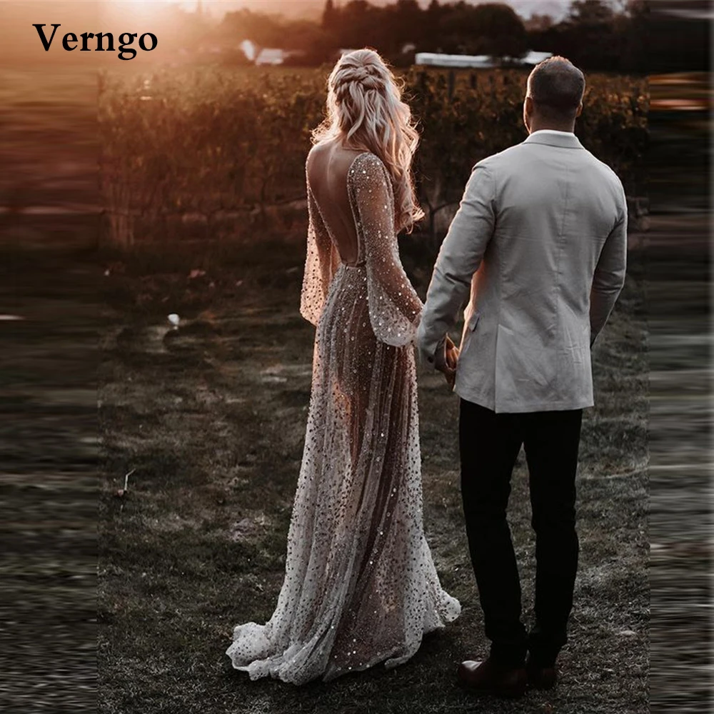

Verngo Glitter Sexy Backless Wedding Dress Long Sleeves V Neck Outdoor Bridal Party Gowns Nude Champagne Lining Formal Dress