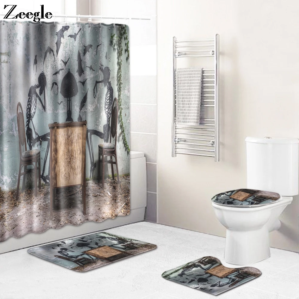 Zeegle 4PCS Bath Mat Set Bathroom Carpet Flannel Toilet Pedestal Foot Rug Toilet Cover Waterproof Bathroom Curtain Toielt Set
