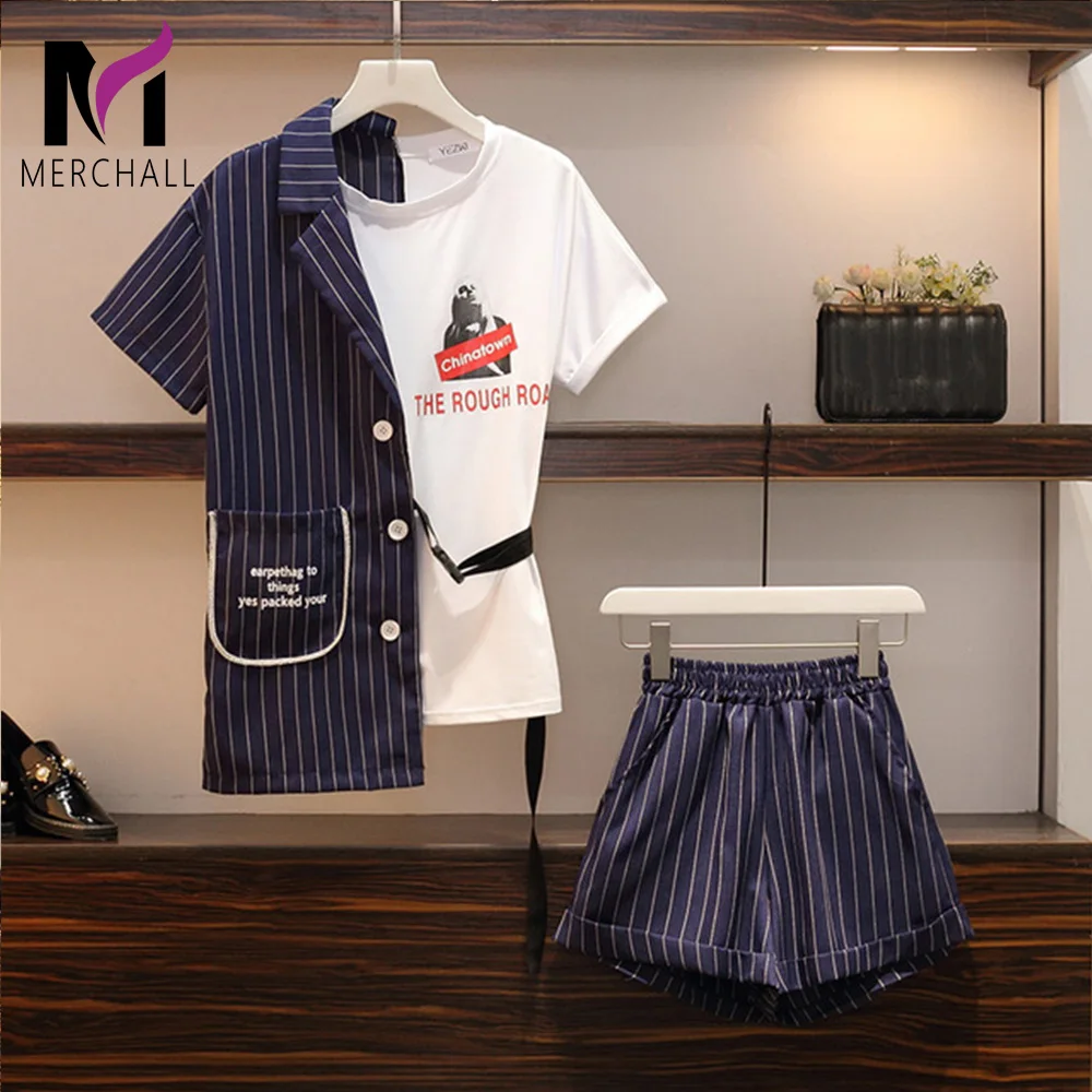 

Women Fashion Letter Button Short Sleeve Patchwork Striped Shirt Top+Pocket Shorts Pant Set 2019 Summer 2 PCS Clothing Sets Suit