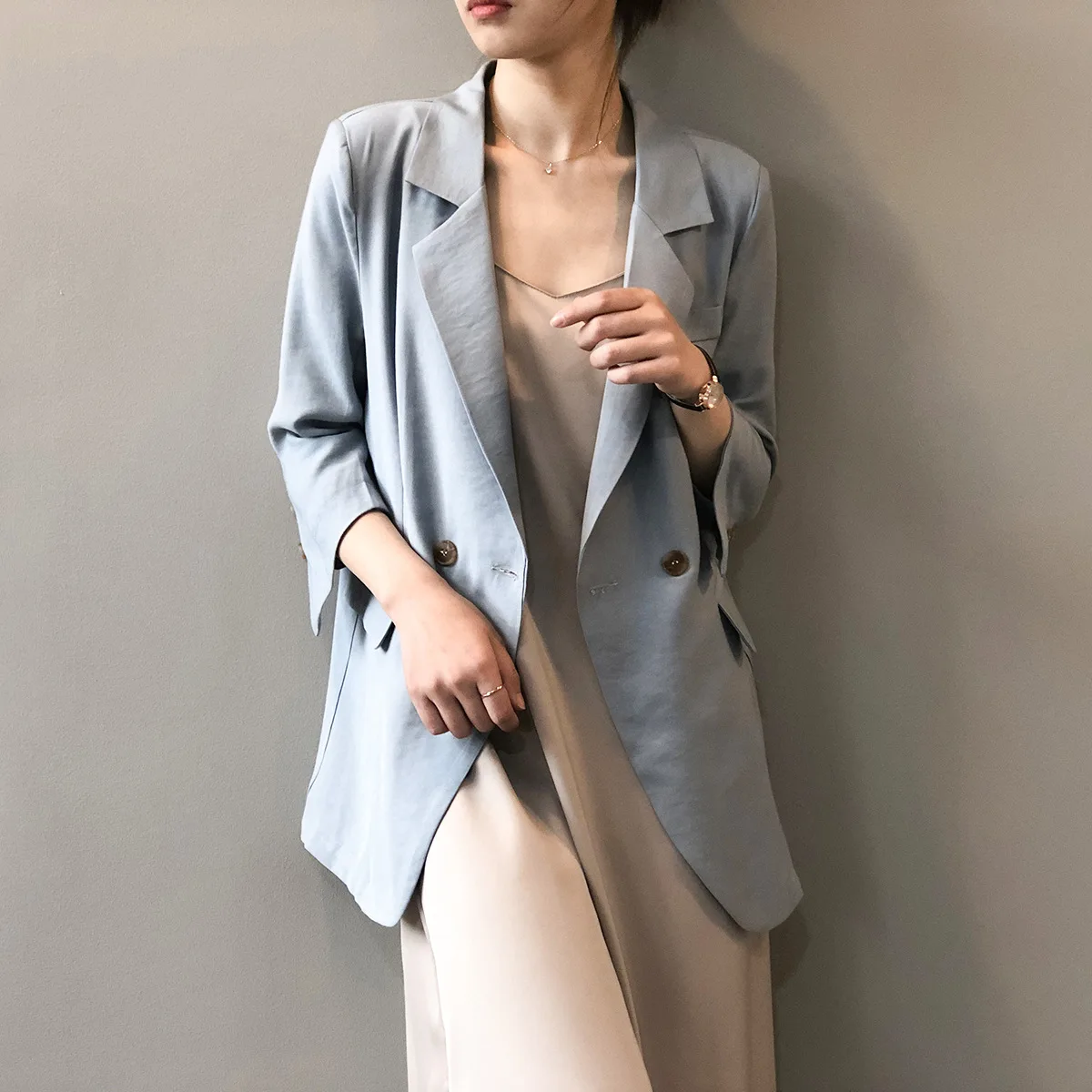 

HXJJP Spring 2020 New Korean Version Blazer Three Quarter Double Breasted Casual Small Suit Casual British Style Outerwear