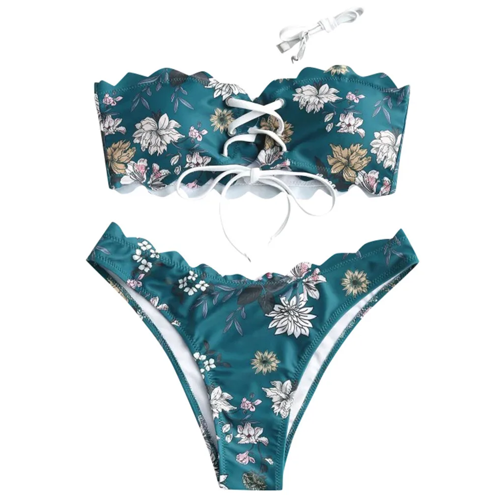 

Womens Floral Lace-up Scalloped Bandeau Bikini Set Push-Up Swimwear Swimsuit Sexy Bathing Suit for Beach Wear LS 1216